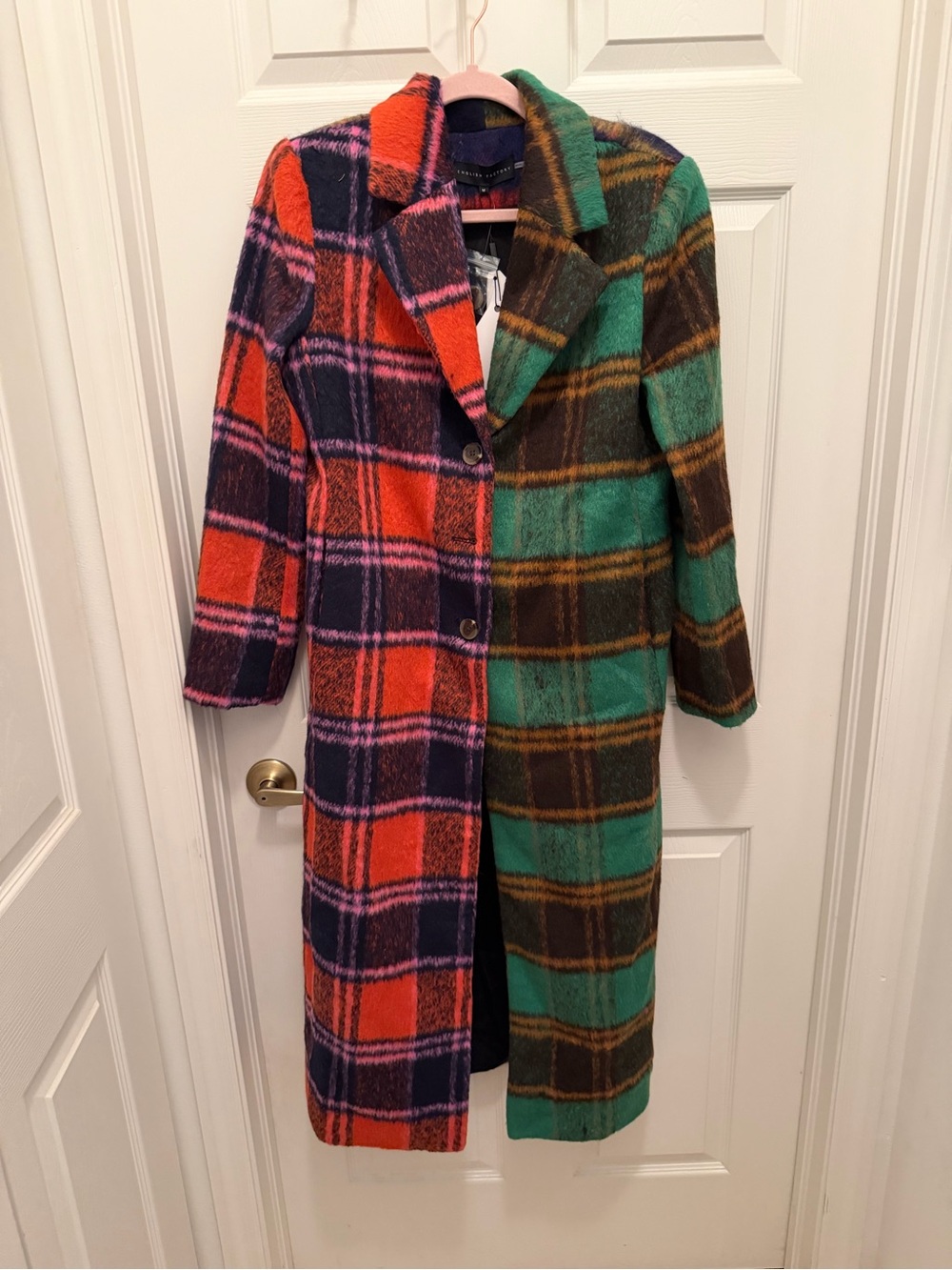 English Factory Colorblock Plaid Long Trench Coat - Orange, Green & Purple